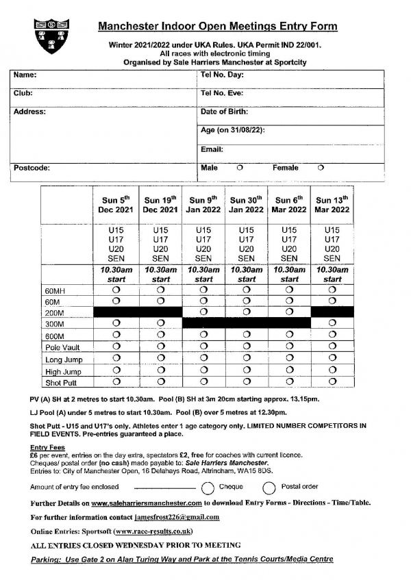 Manchester Winter Indoor Series 2021/22 Meeting 4