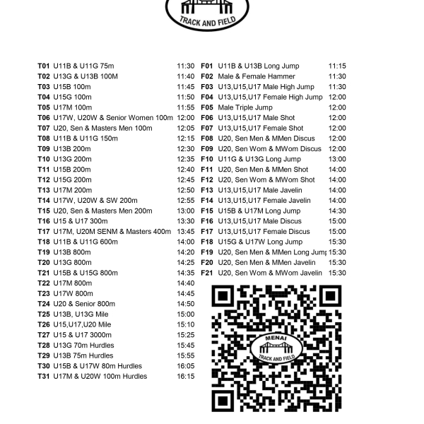 Menai Open Timetable 